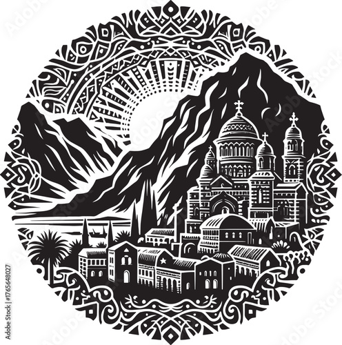 Intricate Black and White Vector Illustration of a Cityscape wit