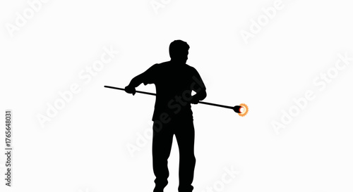 Black silhouette of a glassblower at work. Artisan craftsman holding a blowpipe with molten glass. Minimalist vector illustration