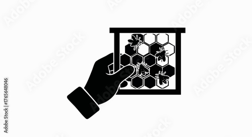 A silhouette icon of a hand holding a honeycomb frame with bees. Beekeeping and apiculture concept. Minimalist flat design vector illustration isolated on a white background
