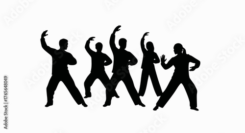 A group of people practicing Qigong in silhouette. Chinese Tai Chi martial arts for wellness and balance. Minimalist vector illustration