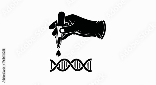 A silhouette icon of a hand with a dropper and DNA. Genetic engineering and biotechnology research concept. Minimalist black and white vector illustration