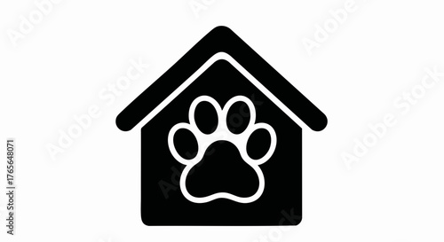 Pet house icon with a paw print symbol. Black silhouette for an animal shelter or veterinary clinic. Flat vector graphic for pet care services