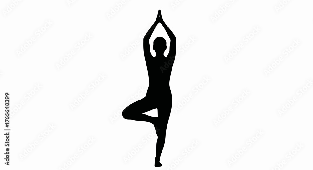 Fototapeta premium Black silhouette of a person in the yoga tree pose. Fitness and balance vector icon. Minimalist flat graphic illustration