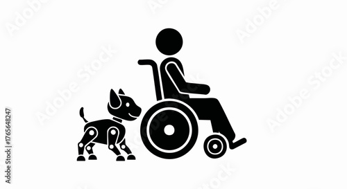 Person in a wheelchair with a robotic dog icon. Disability and technological assistance concept. Minimalist black silhouette vector illustration