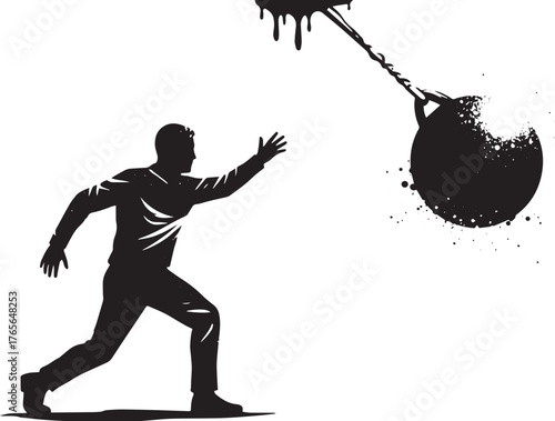 Conceptual art depicting a man dodging a wrecking ball, symboliz