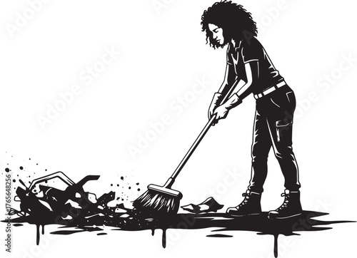 A striking monochrome illustration of a determined woman sweepin