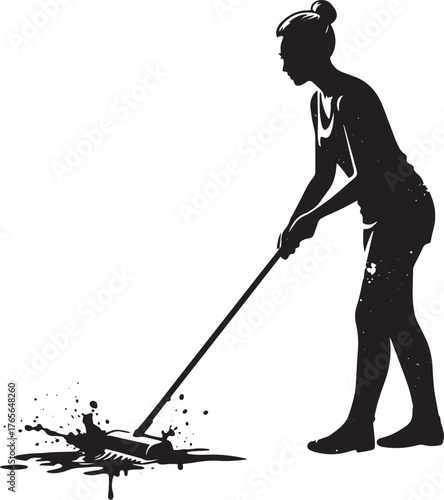 Silhouette of a woman cleaning spillage, minimalist artistic com
