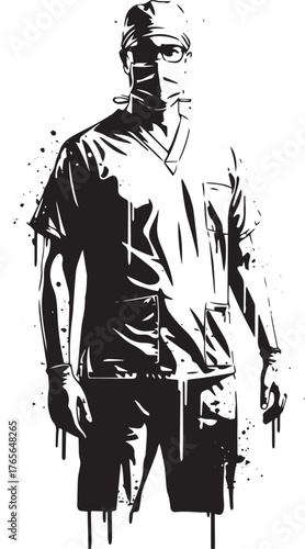 Monochrome illustration of medic in protective gear with splatte