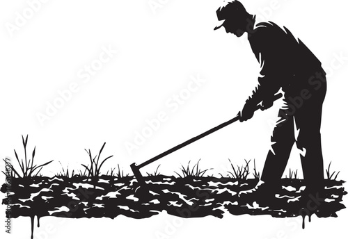 Silhouette of a farmer tending to the soil with a hoe in agricul