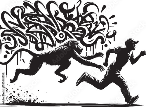 Unique graffiti art depicts a monkey chasing a man with abstract