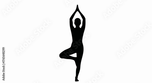 Black silhouette of a person in the yoga tree pose. Fitness and balance vector icon. Minimalist flat graphic illustration