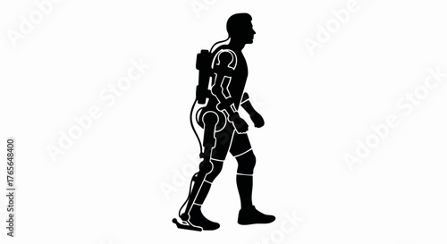 Black silhouette of a person wearing a powered exoskeleton. Robotic suit for medical rehabilitation and mobility assistance. Bionic technology vector icon