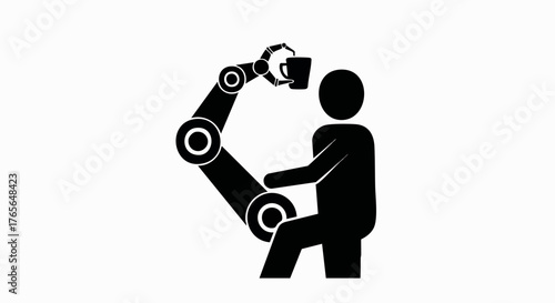 A silhouette icon of a robotic arm helping a person. Human-robot collaboration and assistive technology concept. Minimalist flat vector illustration
