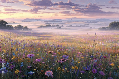 Fototapeta Naklejka Na Ścianę i Meble -  Colorful Meadow With Mist at Sunrise