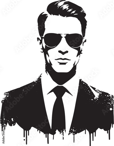 Stylish monochrome portrait of a man wearing suit and sunglasses