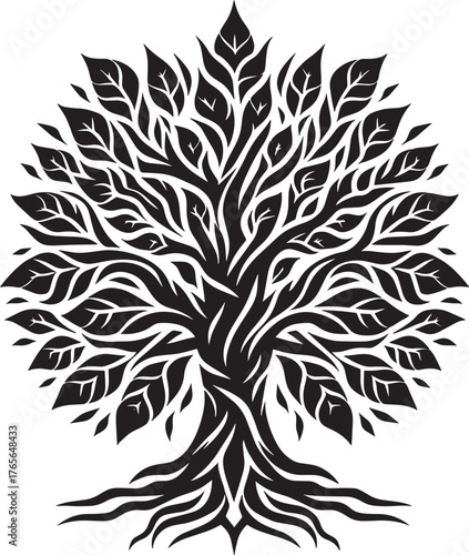 Elegant black and white tree illustration with detailed leaves a