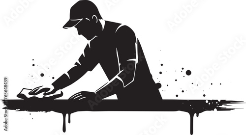 Silhouette Illustration of Man Cleaning Surface with Cloth and C