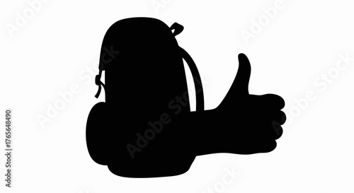 Black silhouette of a hitchhiker with a backpack. Thumbs up hand gesture for travel and approval. Minimalist vector icon isolated on a white background