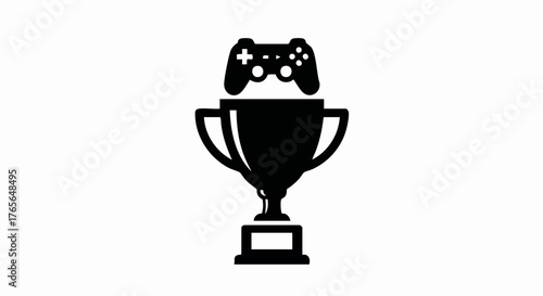 Esports gaming trophy icon with a video game controller. Black silhouette of a championship award. Flat vector symbol for a winner or achievement