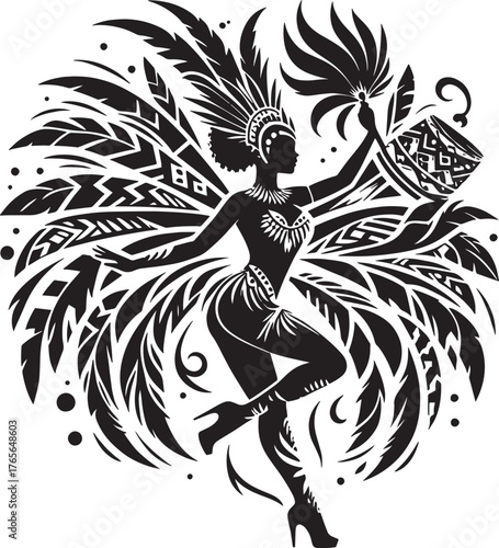 Silhouette of a Samba Dancer Adorned with Feathers Performing a