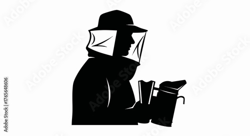 Black silhouette of a beekeeper using a smoker tool. Apiculture and honey farming vector icon. Minimalist apiarist logo design