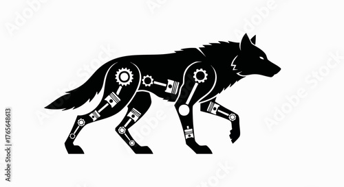 Black silhouette of a biomechanical wolf. Vector illustration with visible gears and pistons. Industrial robot animal concept isolated on a white background
