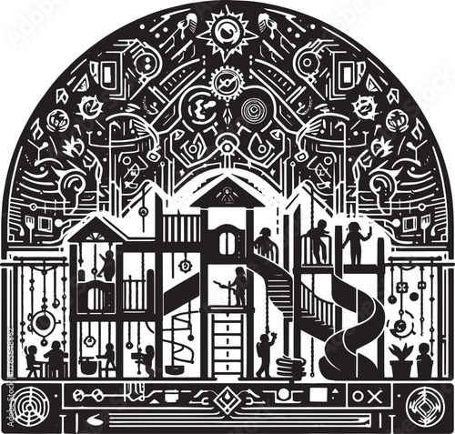 Intricate Black and White Illustration of a Playground with Symb