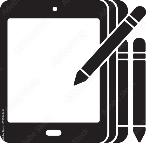Black and white silhouette vector of a digital art tablet and stylus icon bundle.