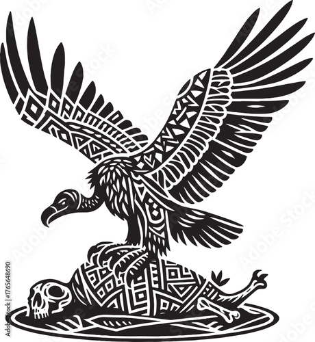 Intricate Black and White Vector Illustration of a Vulture Perch