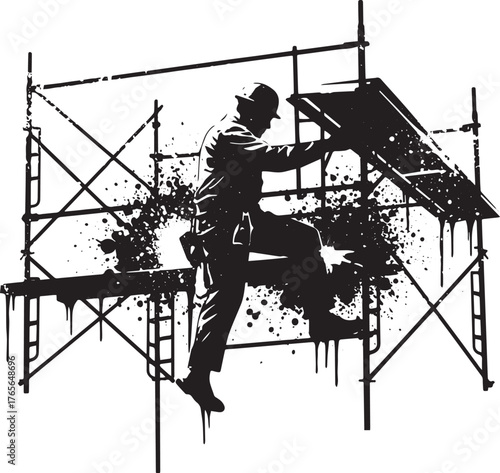 Monochrome illustration depicting construction worker on scaffol