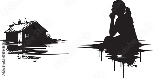Monochrome contemplation silhouette woman near an old rural hous