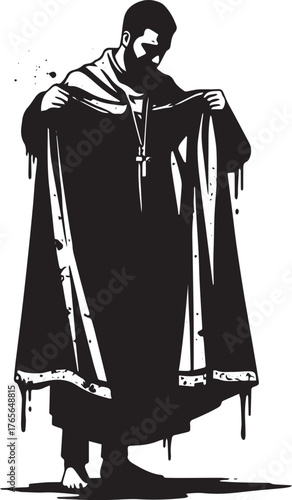 Monochromatic illustration of a religious figure wearing a cerem