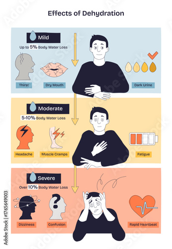 Dehydration effects summarized in a brief diagram with mild, moderate, severe stages, shows a man figure, urine color chart, and symptom icons. Doodle style diagram