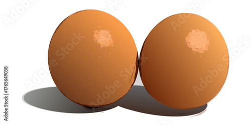 A high-resolution, realistic image of two fresh brown chicken eggs placed on a clean white surface. The eggs have smooth, slightly matte shells with subtle natural imperfections and gentle highlights 