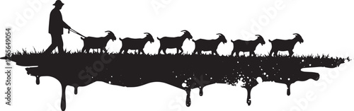 Silhouette of a man leading a herd of goats across a textured la