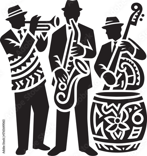 Silhouette illustration of a jazz band playing music with trumpe