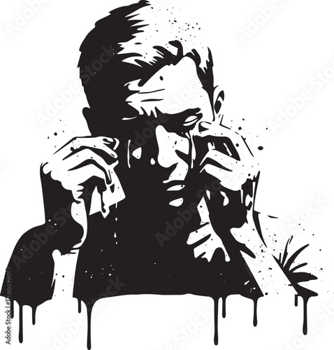 Monochrome portrait of a man wiping his eyes, expressing sorrow