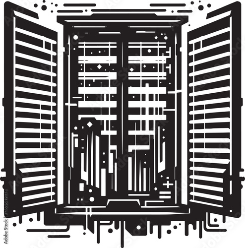 Abstract Black and White Illustration of an Open Window with Shu