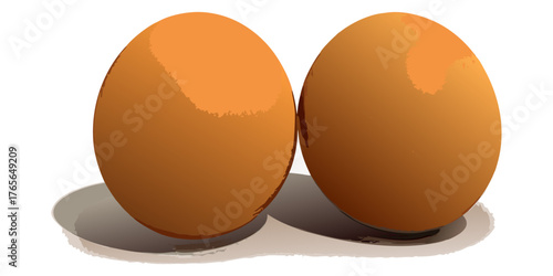 A high-resolution, realistic image of two fresh brown chicken eggs placed on a clean white surface. The eggs have smooth, slightly matte shells with subtle natural imperfections and gentle highlights 