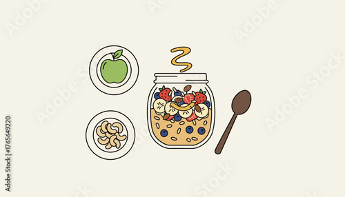 Overnight oats in a glass jar, topped with fresh strawberries, blueberries, banana slices, and almonds, ready for a healthy and nutritious breakfast, with an apple and cashews on the side