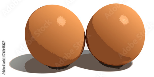 A high-resolution, realistic image of two fresh brown chicken eggs placed on a clean white surface. The eggs have smooth, slightly matte shells with subtle natural imperfections and gentle highlights 