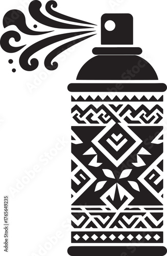 Black and white illustration of an aerosol spray can with decora