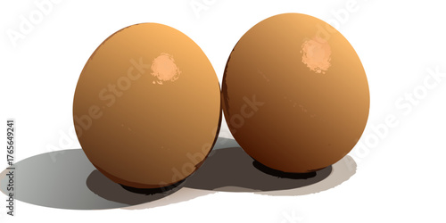 A high-resolution, realistic image of two fresh brown chicken eggs placed on a clean white surface. The eggs have smooth, slightly matte shells with subtle natural imperfections and gentle highlights 