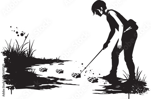 Silhouette illustration of a woman analyzing animal footprints i