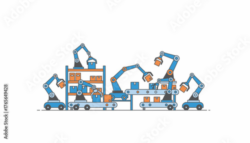 Robot arms and autonomous mobile robots sorting and loading cardboard boxes on conveyor belts in a smart factory, showcasing automated logistics and industry 4.0 efficiency