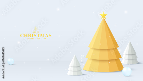 Merry christmas banner or New Year background with christmas tree and decoration balls on the stage. Festive holiday illustration. perfect for greeting card, banner, and seasonal promotion