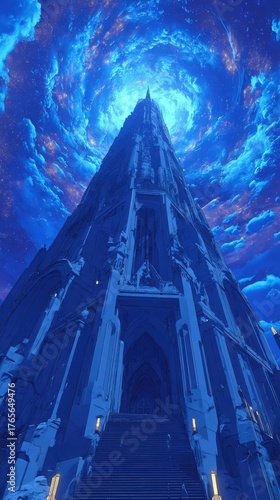 Pixelated Tower Under Glowing Night Sky