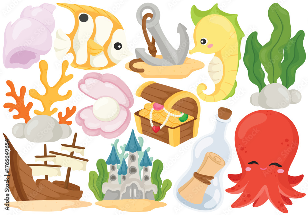 Obraz premium Vector Under the Sea Clip Art Set Ocean Life Seahorse Octopus Fish Castle Treasure Chest Shipwreck Illustration Isolated on White Background