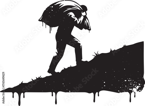 Silhouette figure carrying heavy sack uphill challenges persever