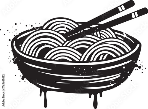 Stylized bowl of noodles illustration with chopsticks in monochr